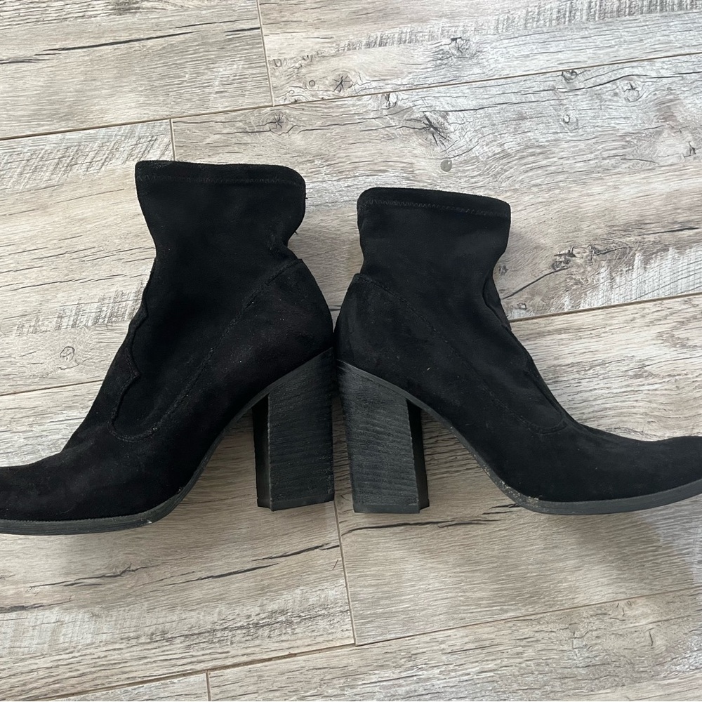 Black Suede Block Heel Ankle Boots - Women
